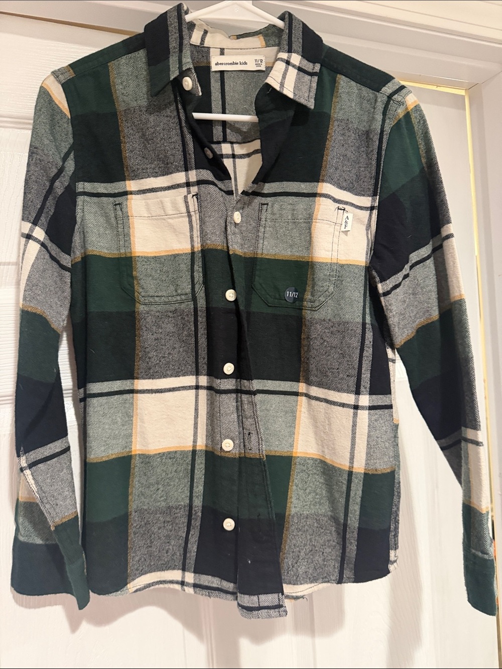 abercrombie kids Green, Black & Cream Plaid Flannel Shirt